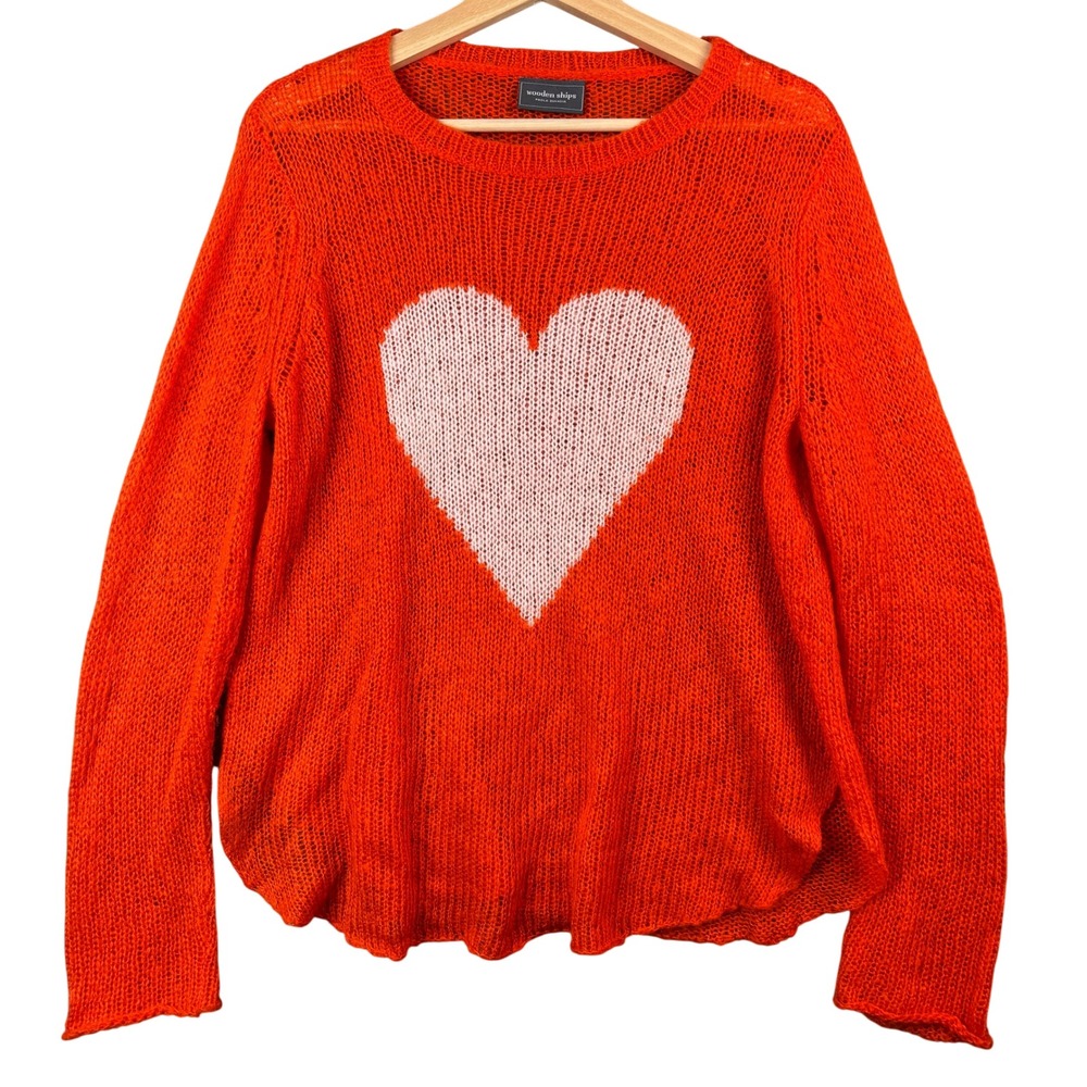 Wooden Ships Heart Crewneck Sweater Orange Mohair Wool Blend S/M Loose Knit